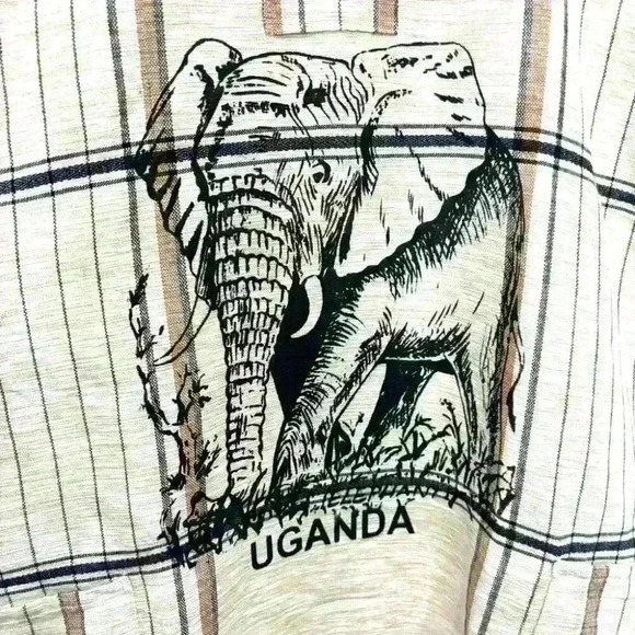 African Elephant Printed Kikoy  Beige Shirt Uganda Woven Hemp Pockets L - Picture 3 of 9